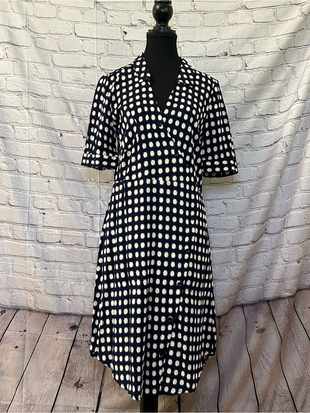 Anthropologie 11.1 TYLHO Navy Polka Dot Button Front Midi Dress M